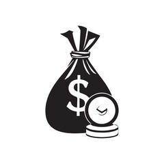 Money Bag and Coin Icon on Black and White Vector Backgrounds