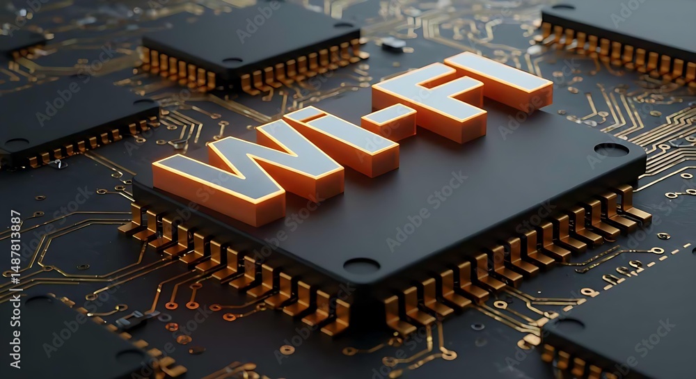 Poster wi-fi word on circuit board. illustrating wireless technology concept. digital connection, internet 