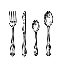 Sketch silver cutlery. Vintage spoon, fork and knife. Vector.