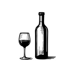 Wine bottle and glass hand drawing. Vector isolated on white
