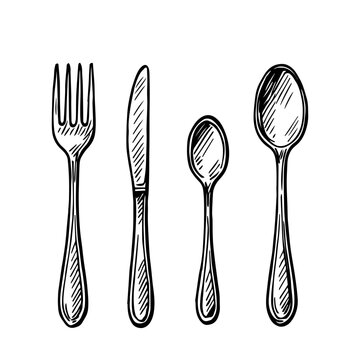 Sketch silver cutlery. Vintage spoon, fork and knife. Vector.