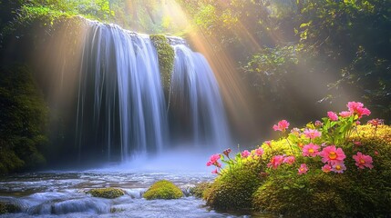 A wide waterfall rushes down from the mountaintop