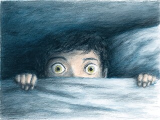 A child's fearful expression peeking from beneath a comforter.