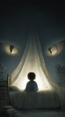 Child seated in bed, mysterious eyes watching from above.