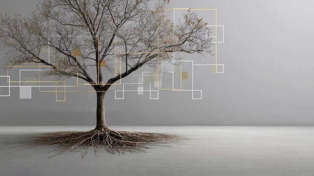 A visual metaphor depicting a tree of decisions with branches representing various outcomes fed by transparent data sources and roots illustrating the foundational principles of accountability