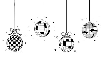 Set of hand drawn minimalist line art illustration of glittering disco ball. Decorative element for party. Outline doodle drawing of 70s symbol. Vector graphic illustration