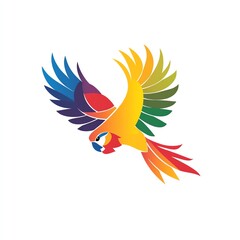 Fototapeta premium Vibrant macaw soaring gracefully against a clear white backdrop of freedom