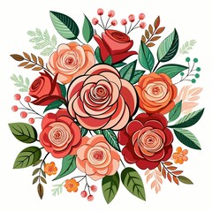 A vibrant bouquet of various roses in shades of peach, coral, and deep red, nestled amongst lush foliage and berries