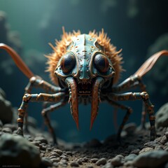 A close-up of a blue and orange crab with two eyes on a rocky surface