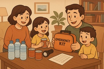 Illustrated family preparing emergency kit at home