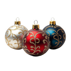 Three christmas ornaments in white, red, and blue with gold glitter design isolated on a transparent background