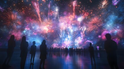 People standing in awe as vibrant fireworks explode above them in a spectacular night display