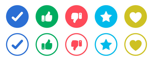 Vector set of social media icons like, dislike, check, star, and heart in solid and outline styles. Ideal for UI, UX, apps, websites, and digital interfaces. Clean, modern design elements. Icons.
