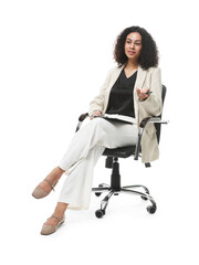 Fototapeta premium Professional psychologist with clipboard and pen in office chair on white background