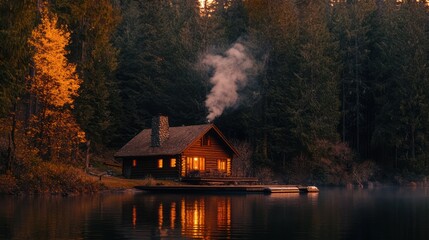 Fototapeta premium Cozy Cabin by the Lake at Dusk