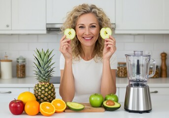 Obraz premium Smiling woman holds apple slices near her eyes, surrounded by fresh fruits and a blender.