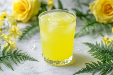 Refreshing yellow drink in a glass surrounded by flowers.