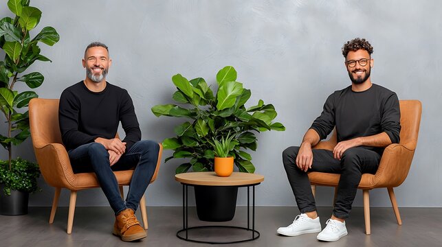 there are two men sitting next to each other in chairs next to a potted plant