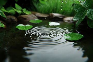 Ripples form in a serene pond as raindrops cascade into the tranquil water surrounded by lush...