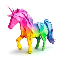 A brightly colored origami unicorn in a vibrant rainbow design on a white high resolution photo