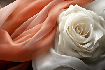 Close-up of shimmering silk fabric and a delicate white rose under soft light creating an elegant...