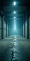 Brightly lit empty warehouse with long blue light beams and cement floor