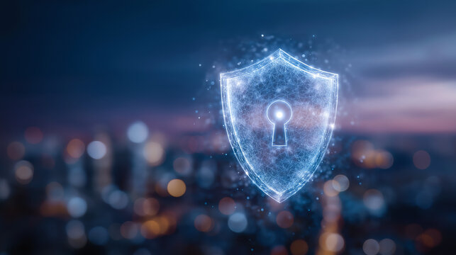 Digital Shield Symbolizing Cybersecurity Over Urban Landscape at Dusk