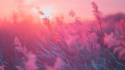 Pink sunset over swaying grass.