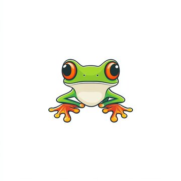Vibrant green tree frog with striking orange eyes and cheerful expression