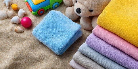 Beach fun with colorful towels, toy car, teddy, and seashells on sand