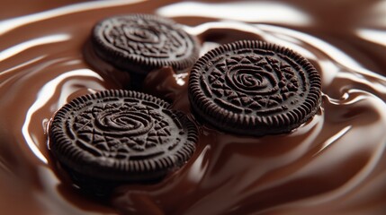 Three chocolate sandwich cookies sinking into melted chocolate.