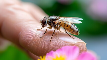 Obraz premium Fly on Finger with Pink Flower
