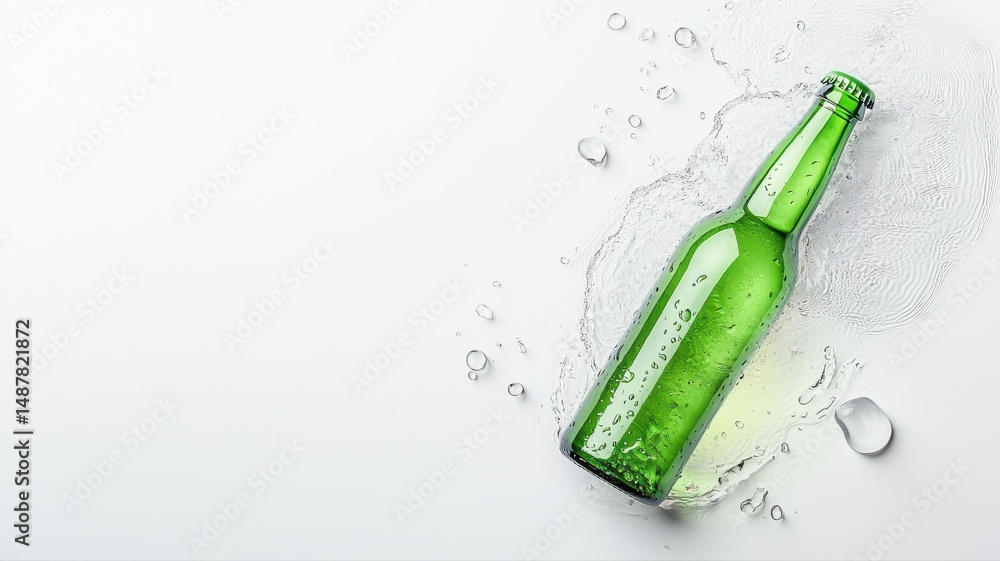 Poster refreshing green bottle with dynamic water splash on white background splash refreshing dynamic wet