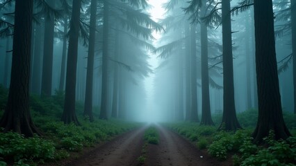A serene path in the woods during dusk or dawn, surrounded by tall trees, with a foggy atmosphere that