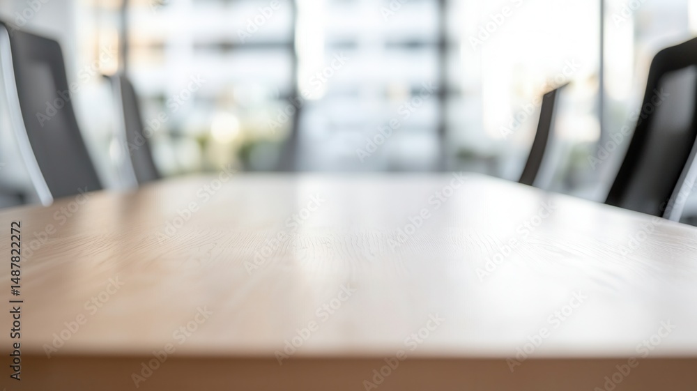 Poster wooden table surface in focus with blurred office background, creating a professional and business a