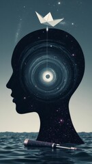 Silhouette filled with stars and paper boat on head