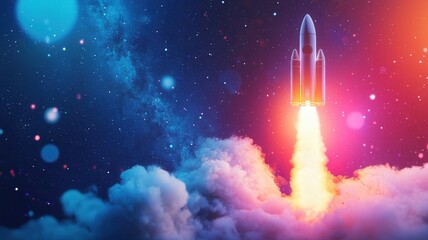 Spaceship lifting off amidst swirling cosmic dust, surrounded and a vibrant, star filled background bursting with color by energy