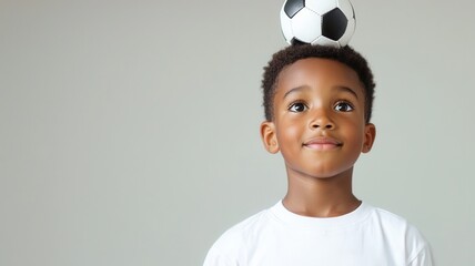 Cheerful soccer balancing backdrop ball atop head, grinning upward against neutral gray preteen