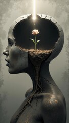 Cracked human head sculpture with flower growing from soil