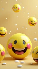 Happy yellow emoji spheres floating in golden space with bubbles