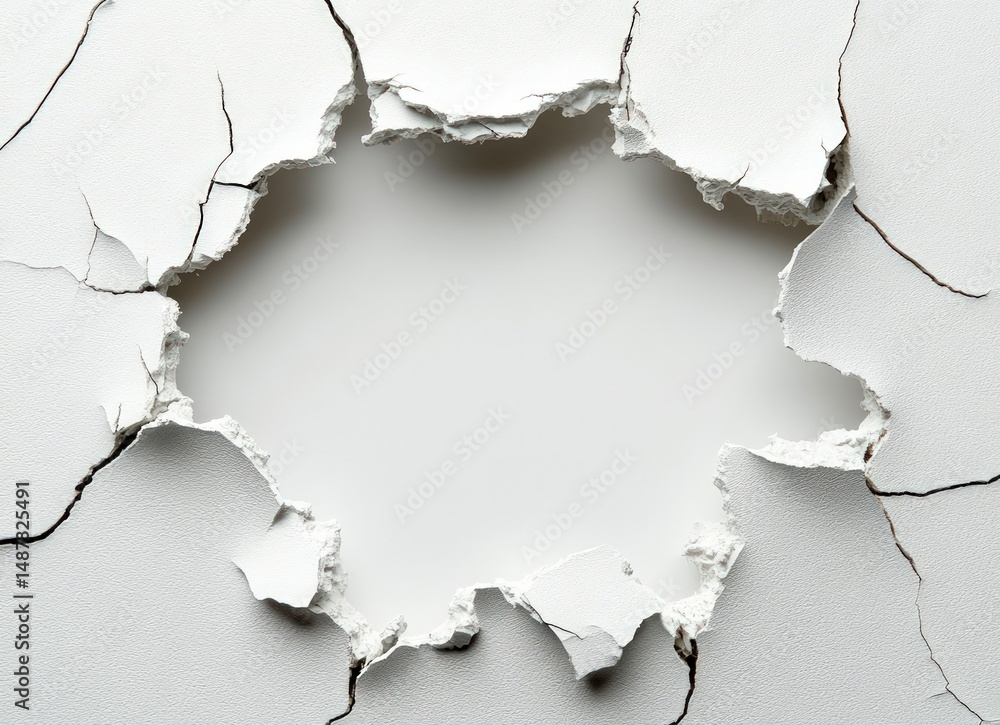 Aufkleber close-up view of a cracked wall with a torn white surface showing empty space for text or design ele