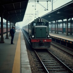 Fototapeta premium A train at a station with a solitary passenger waiting