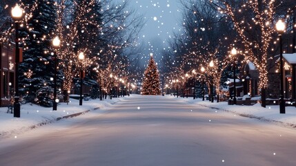Snowy street with Christmas tree, and lights.