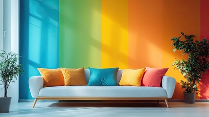 Colorful wall, white couch, pillows, plants.