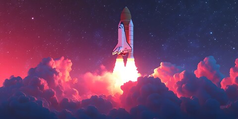 Fototapeta premium Powerful rocket launch into a starlit night sky.