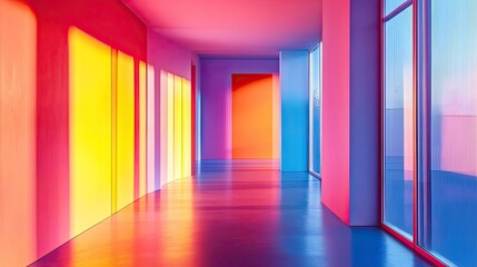 Vibrant hallway with colorful walls and sunlight reflections.