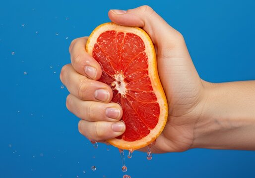 Hand squeezing a grapefruit half, creating fresh juice against a bright blue background.