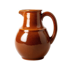 Brown ceramic pitcher with handle isolated on a transparent background