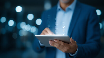 Businessman Engaging with Compliance Digital Interface on Tablet