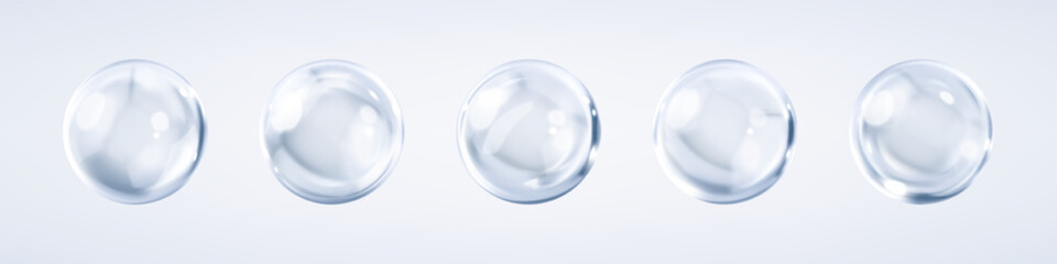 Collagen serum or essence drops. Hyaluronic acid. Collagen serum bubbles. Cosmetic essence. Concept skincare cosmetics solution. Vector 3d illustration